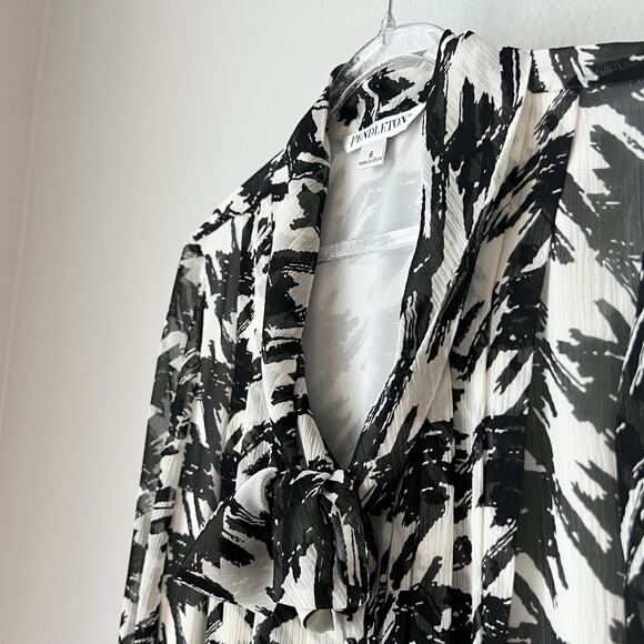 Pendleton Silk Secretary Black & White Blouse Houndstooth Tie Neck Office Sz 6 - Picture 10 of 16